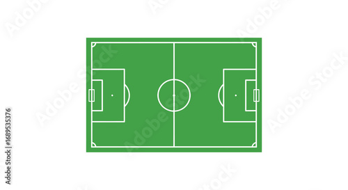 a green soccer field with white boundary lines and goals