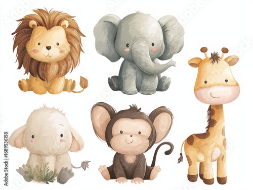 Charming watercolor safari animals, including a lion, elephant, giraffe, and monkey, perfect for nursery decor and children's themes.