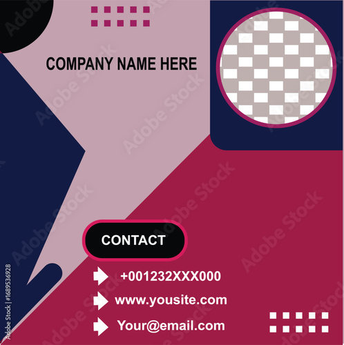 Modern social media post template with contact information and company branding elements white background
