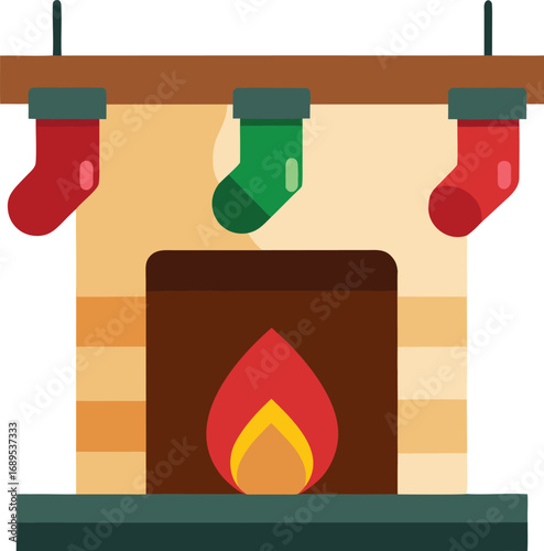 Festive Fireplace with Stockings Hanging Above a Cozy Christmas Decoration Illustration
