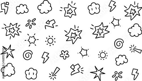 Hand drawn comic explosion icons set with clouds, lightning, stars, and dynamic effects for cartoon, doodle, and pop art design elements