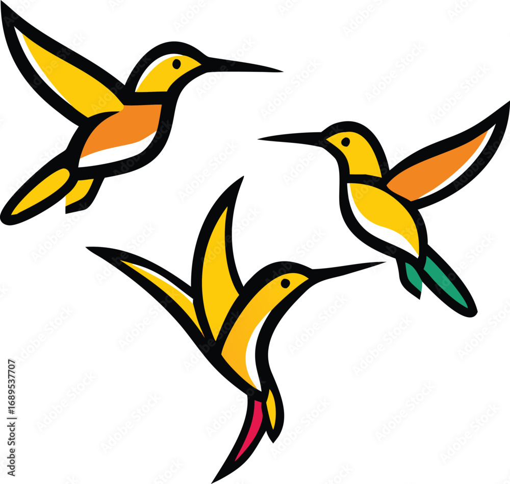 Obraz premium Three stylized cartoon hummingbirds with vibrant feathers and long red beaks soar mid-air—each uniquely designed in green, pink, yellow, and teal for a cheerful, kid-friendly look