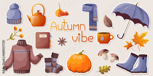 Autumn stickers set. Collection of fall seasonal elements. Vector illustration with fall leaves, umbrella, scarf, rubber boots, sweater, pumpkin for scrapbooking, banner, postcard, cover