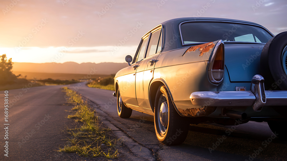Obraz premium Vintage blue car parked on a deserted road during a golden sunset automobile street