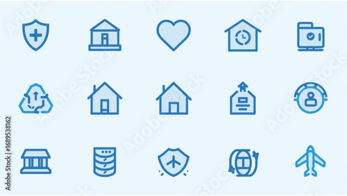 Blue Icons Representing Security Home Health Travel and Data