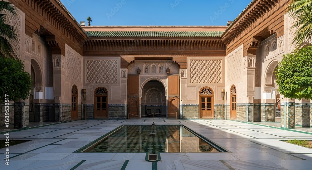 Obraz premium A sun-drenched courtyard with intricate architectural details and a tranquil water feature.