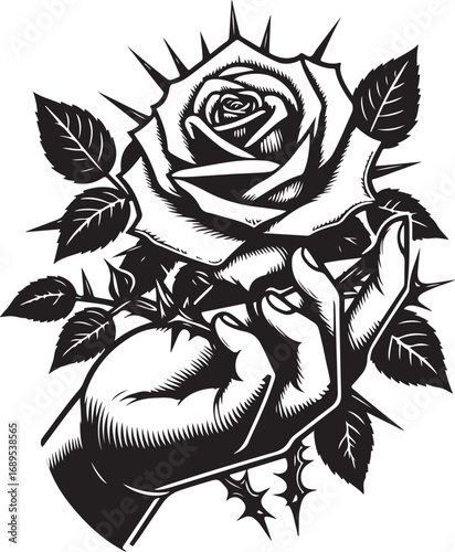 Delicate White Rose Held Gently by a Prickly Hand