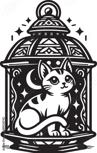 Whimsical Cat Inside a Mystical Lantern Under the Moonlit Sky