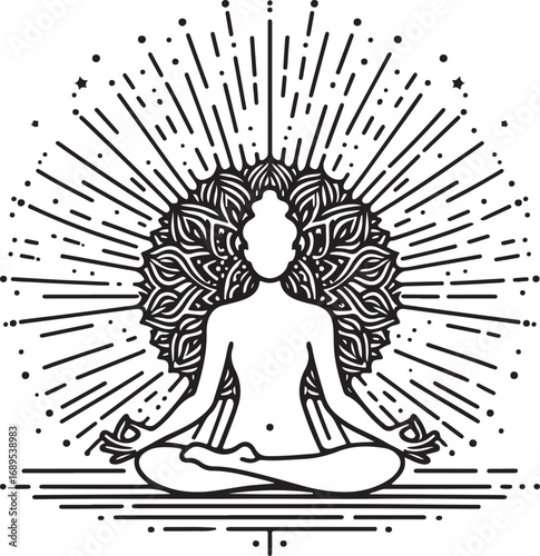 Serene human silhouette meditating with radiant energy emanating outwards
