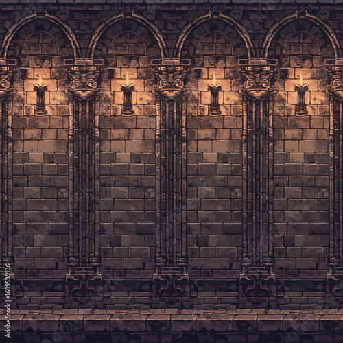 Interior Dungeon Wall and Floor Retro Side-scrolling Video Game Background, Vintage Fantasy Gaming Backdrop Asset