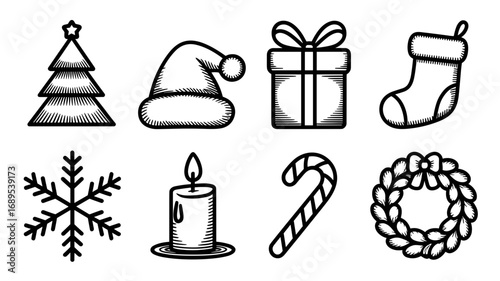 Christmas, Santa Claus, reindeer, sleigh, bell, snowman, mitten, gingerbread man, holly, holiday, festive, xmas, winter, cookie, icon set, outline, line icon, traditional, seasonal, decoration, noel, 