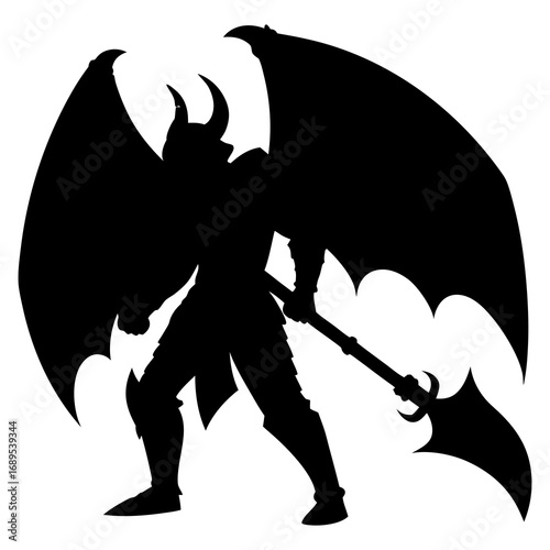 Demon Warrior Silhouette with Wings and Battle Axe - Dark Fantasy Illustration