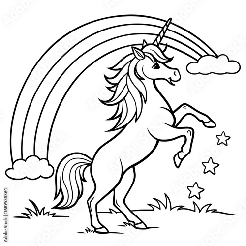 Unicorn standing under a rainbow