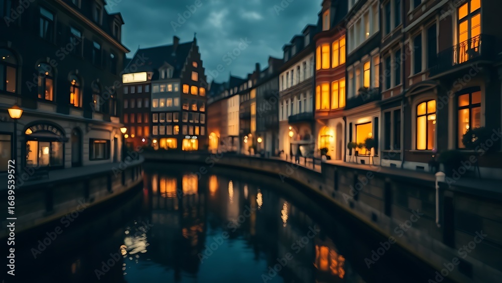 Fototapeta premium A nighttime canal scene with historic buildings reflected in water, glowing windows creating warmth.
