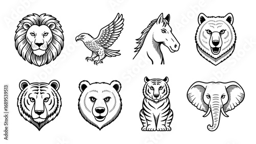 Animal vector icon set: lion, eagle, horse, bear, tiger, elephant, grizzly, cub.
