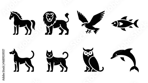 Animal vector icon set: horse, lion, eagle, fish, dog, cat, owl, dolphin.
