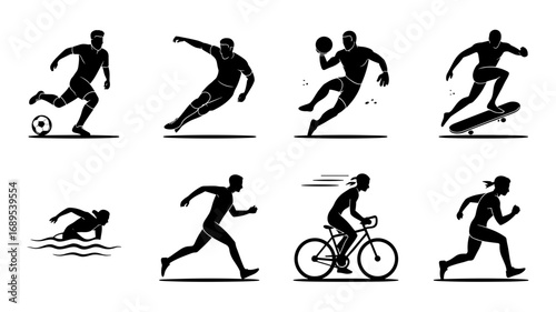 Sport vector icon set: soccer, jumping, handball, skateboarding, swimming, running, cycling, jogging.
