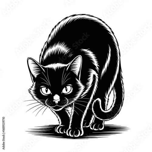 An illustration of a black cat in a predatory stance, displaying its feline grace and captivating eyes. A vector animal design.