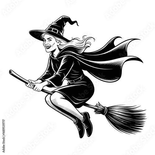 A black and white illustration of a witch flying on a broomstick. Perfect for Halloween or any fantasy-themed project. Vector art design image.