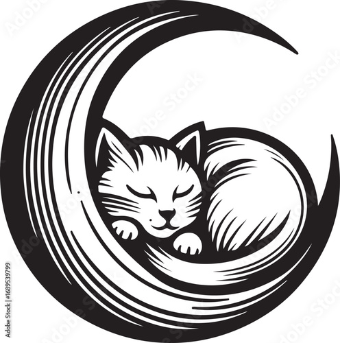 Adorably Sleeping Kitten Curled Up Inside a Crescent Moon with Swirling Lines Detail