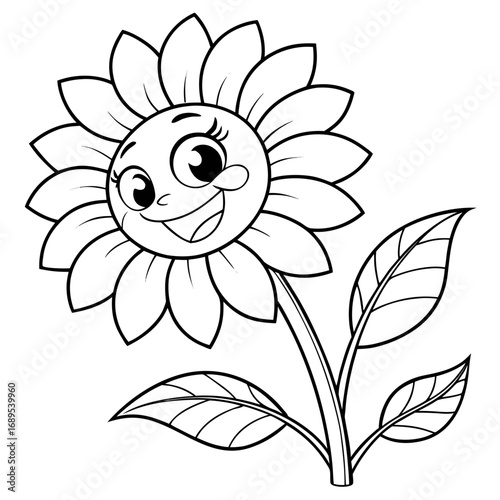  Black and white outline of a sunflower with smiling face, kawaii coloring page style