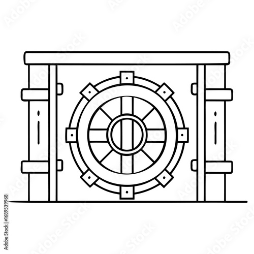 Vintage bank vault door with circular lock mechanism and reinforced frame, isolated line drawing