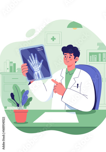 Doctor showing an X-ray of a hand with a professional and informative mood in a clinic setting