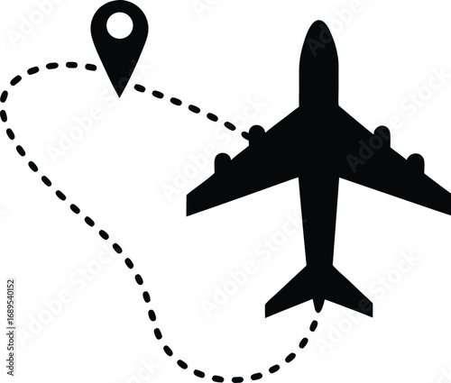 Airplane silhouette with map route and location pin
