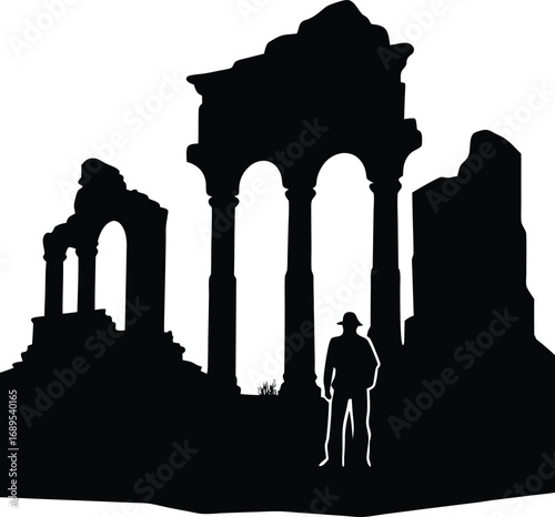 Silhouette archaeologist discovering ancient ruin architecture