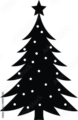 Black christmas tree silhouette with star and ornaments