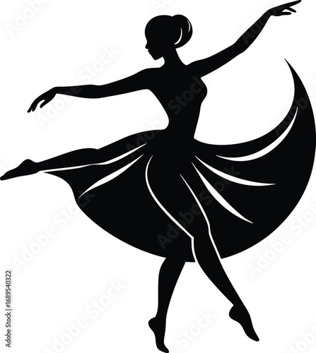 Graceful dancer silhouette poses with elegant skirt and moon