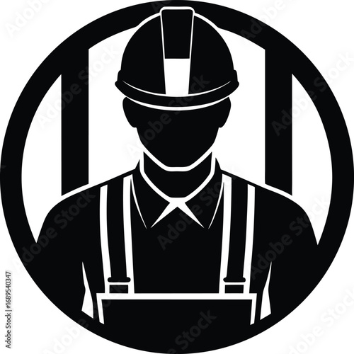 Construction worker silhouette in circle professional hard hat and tools