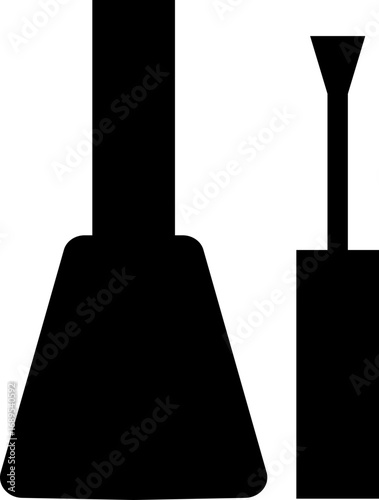 Nail polish bottle and brush icon black solid silhouette style, beauty cosmetics container group, manicure equipment collection, flat minimal vector illustration design