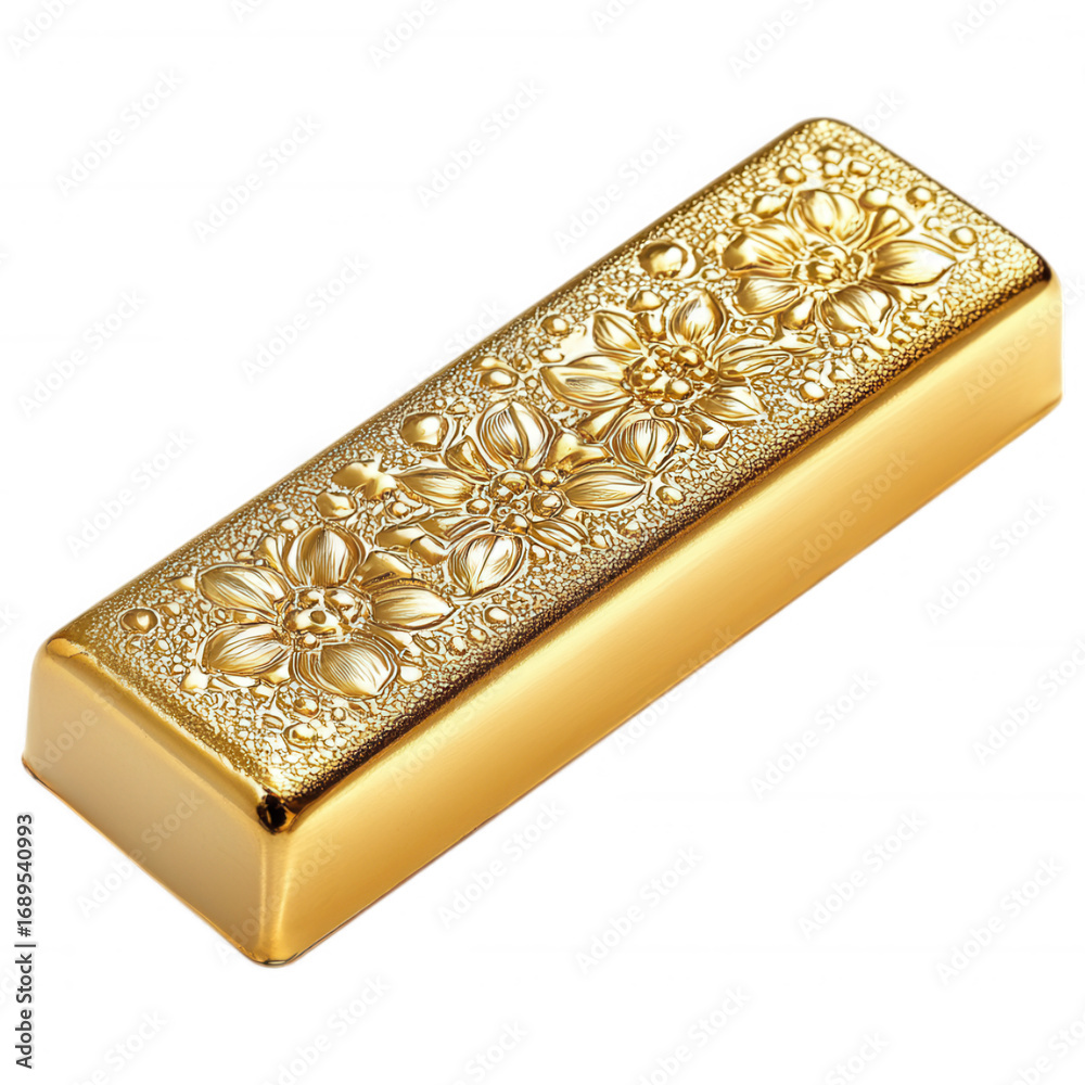 Fototapeta premium Gold Bar Embellished: An exquisitely detailed gold bar, its surface adorned with elegant floral patterns, gleaming in the soft light, radiating wealth and prosperity.