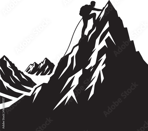 Adventurous mountaineer conquers challenging rocky peak with a steep ascent