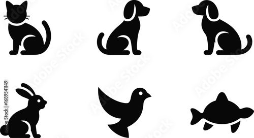 Animal silhouette icons including cat, dog, rabbit, bird, turtle, pet illustrations, wildlife, nature, mammal, aquatic, domestic animals, animal symbols, pet care.