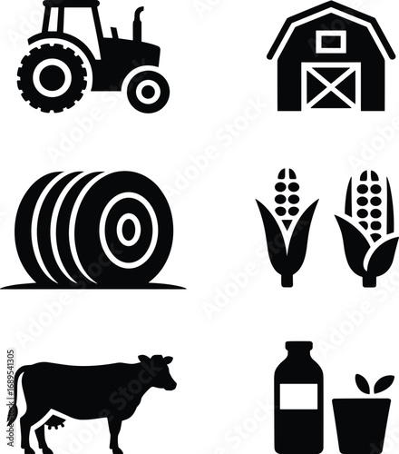 Black and white agriculture icons with tractor, barn, hay bales, corn, cow, milk bottle, plant pot, farm farming set.