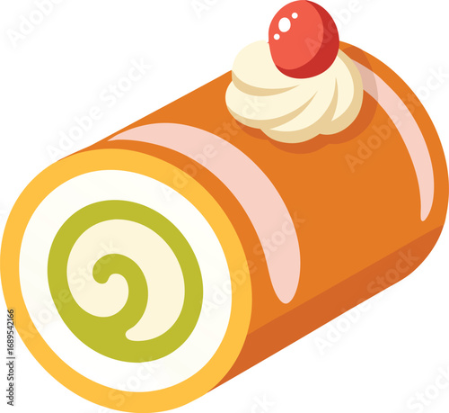 Cartoon Illustration of a Delicious Swiss Roll Cake with Cream and Cherry Topping