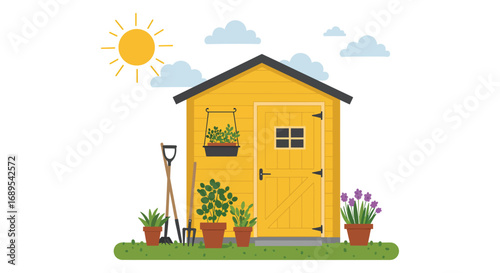 a cozy garden shed with plants tools and sunny weather