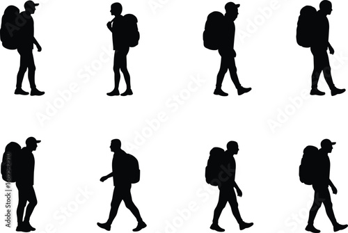 Silhouette of male hiker walking with backpack, outdoor trekking adventure, traveler flat vector illustration, cad drawing design, camping hiking exploration artwork