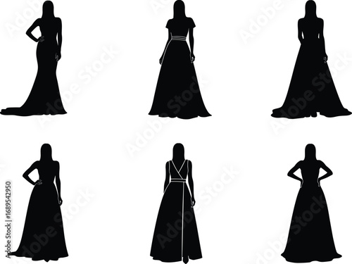 Elegant women evening gown silhouettes, fashion dress flat vector illustration, black dress design, cad drawing, stylish female models posing, modern fashion artwork