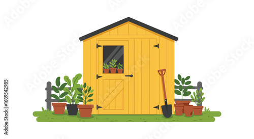 a cozy yellow garden shed surrounded by plants tools