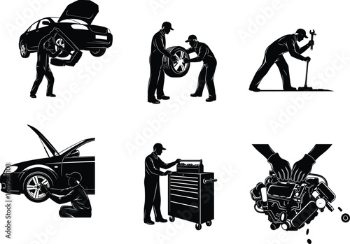 Silhouette of auto mechanics repairing car, changing tires, fixing engine, working with tools, cad drawing flat vector illustration