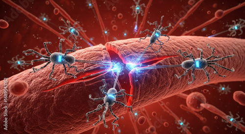 Microscopic nanobots actively repairing a damaged nerve fiber with glowing blue energy, surrounded by blood cells and cellular structures in a biological environment.