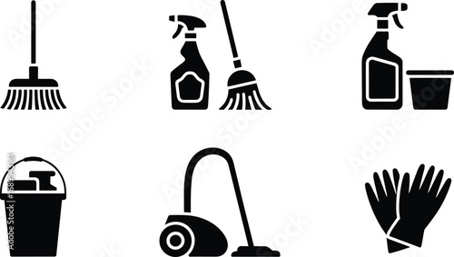 Cleaning tools icons set, broom, spray bottle, mop, bucket with soap, vacuum cleaner, gloves, household cleaning supplies, janitorial equipment, sanitation essentials, hygiene maintenance.