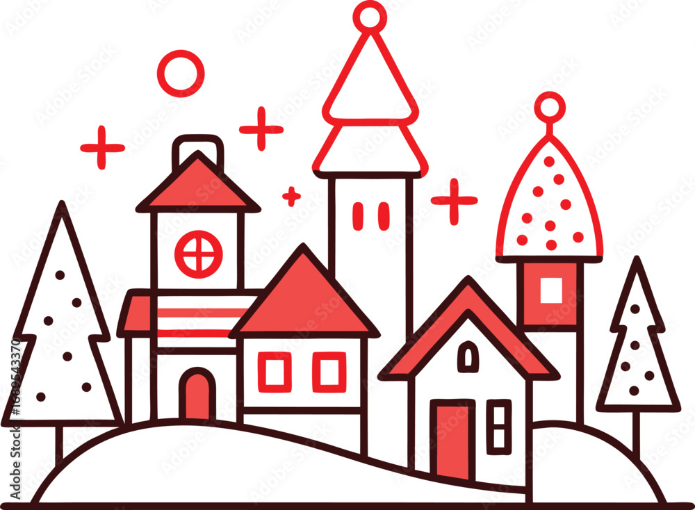 Fototapeta premium Whimsical Christmas Village Illustration with Red Accents and Simple Line Art Style