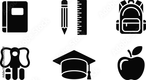 Education icons, notebook, pencil, ruler, backpack, school supplies, elephant mascot, graduation cap, apple fruit, learning tools, study essentials.