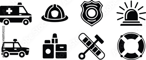 Emergency and safety icons set including ambulance, firefighter helmet, police badge, siren light, patrol car, walkie-talkie, rescue tools.