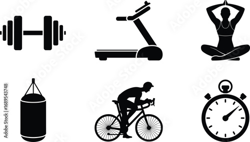 Fitness and exercise icons including dumbbell, treadmill, yoga pose, punching bag, cycling, stopwatch, workout equipment, sport activities, health, training.