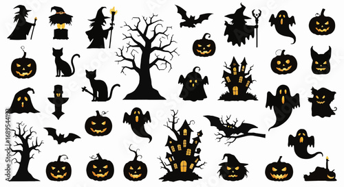 Halloween silhouette collection, spooky elements set: witch, ghost, pumpkin, bat, cat, haunted house, dead tree, autumn horror symbols.